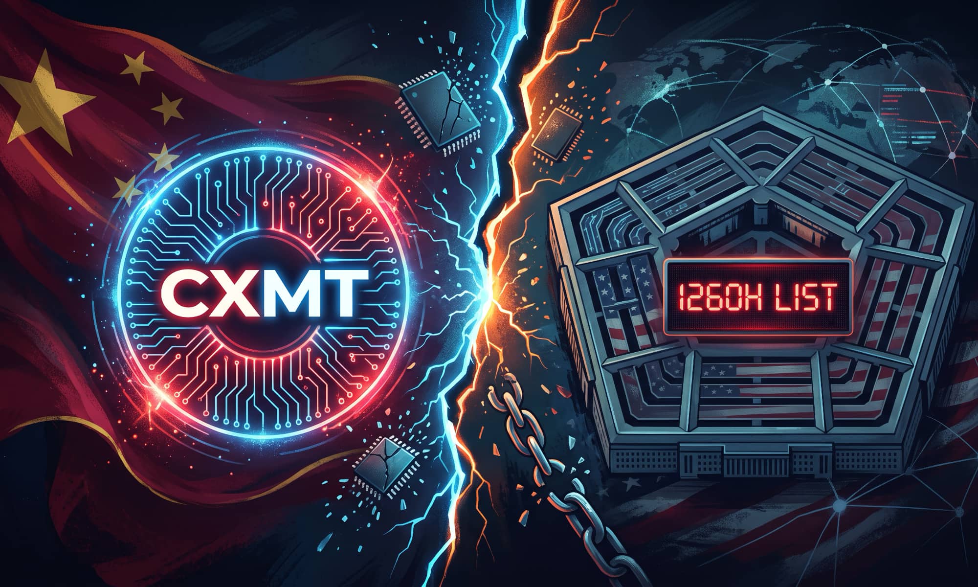 Conceptual illustration of the Pentagon and Chinese memory supplier CXMT divided by broken circuits, symbolizing their blacklist legal battle.
