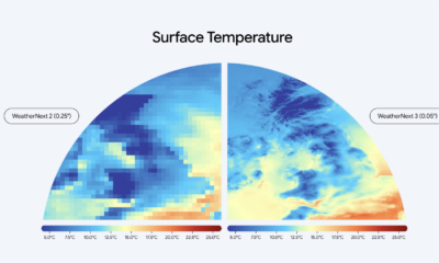 WeatherNext 2 at 25km resolution beside WeatherNext 3 at 5km resolution, UK temperature forecast comparison