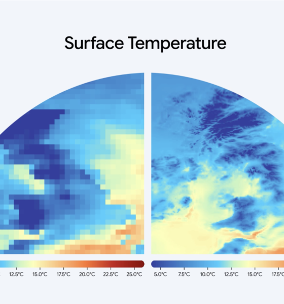 WeatherNext 2 at 25km resolution beside WeatherNext 3 at 5km resolution, UK temperature forecast comparison