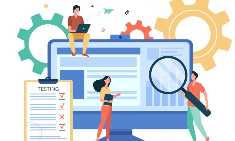Illustration representing a group of people conducting software QA testing. Shows gears in the background. Several small people with a magnifying glass and a checklist checking a large software interface.