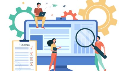 Illustration representing a group of people conducting software QA testing. Shows gears in the background. Several small people with a magnifying glass and a checklist checking a large software interface.