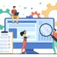 Illustration representing a group of people conducting software QA testing. Shows gears in the background. Several small people with a magnifying glass and a checklist checking a large software interface.