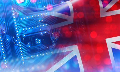 Microelectronics industry UK. Flag of United Kingdom. PCB board with UK symbol. Export of microelectronics concept. Computer processor. Microelectronics technologies in UK. Great Britain.