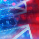 Microelectronics industry UK. Flag of United Kingdom. PCB board with UK symbol. Export of microelectronics concept. Computer processor. Microelectronics technologies in UK. Great Britain.