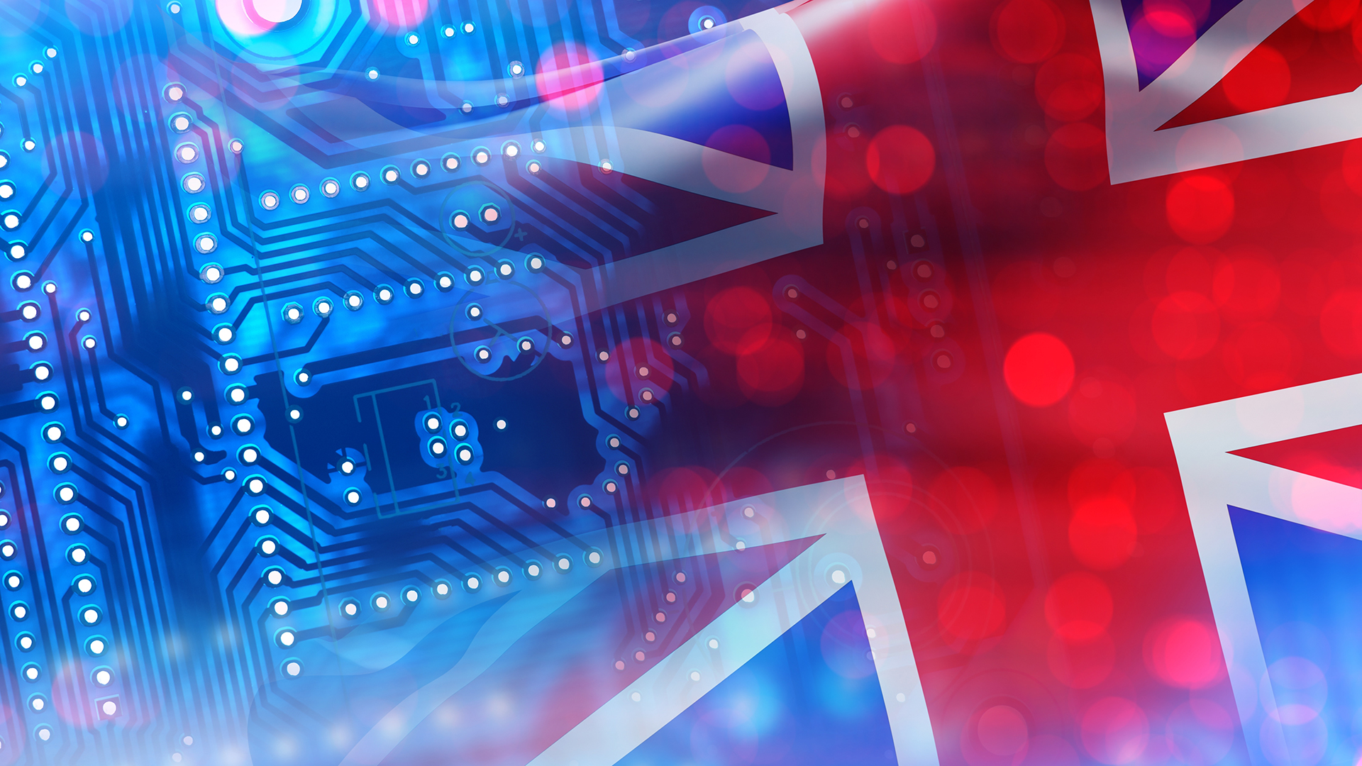 Microelectronics industry UK. Flag of United Kingdom. PCB board with UK symbol. Export of microelectronics concept. Computer processor. Microelectronics technologies in UK. Great Britain.