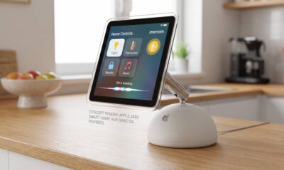 A detailed concept rendering of Apple's rumored J490 smart home hub, featuring a 6-inch square display mounted on an articulated arm that sits on a white, half-dome speaker base, reminiscent of the 2002 iMac G4 design, resting on a clean oak wood countertop.