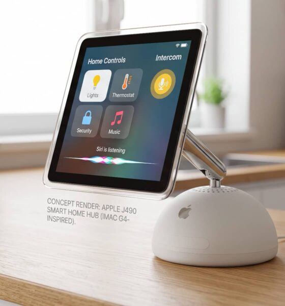 A detailed concept rendering of Apple's rumored J490 smart home hub, featuring a 6-inch square display mounted on an articulated arm that sits on a white, half-dome speaker base, reminiscent of the 2002 iMac G4 design, resting on a clean oak wood countertop.