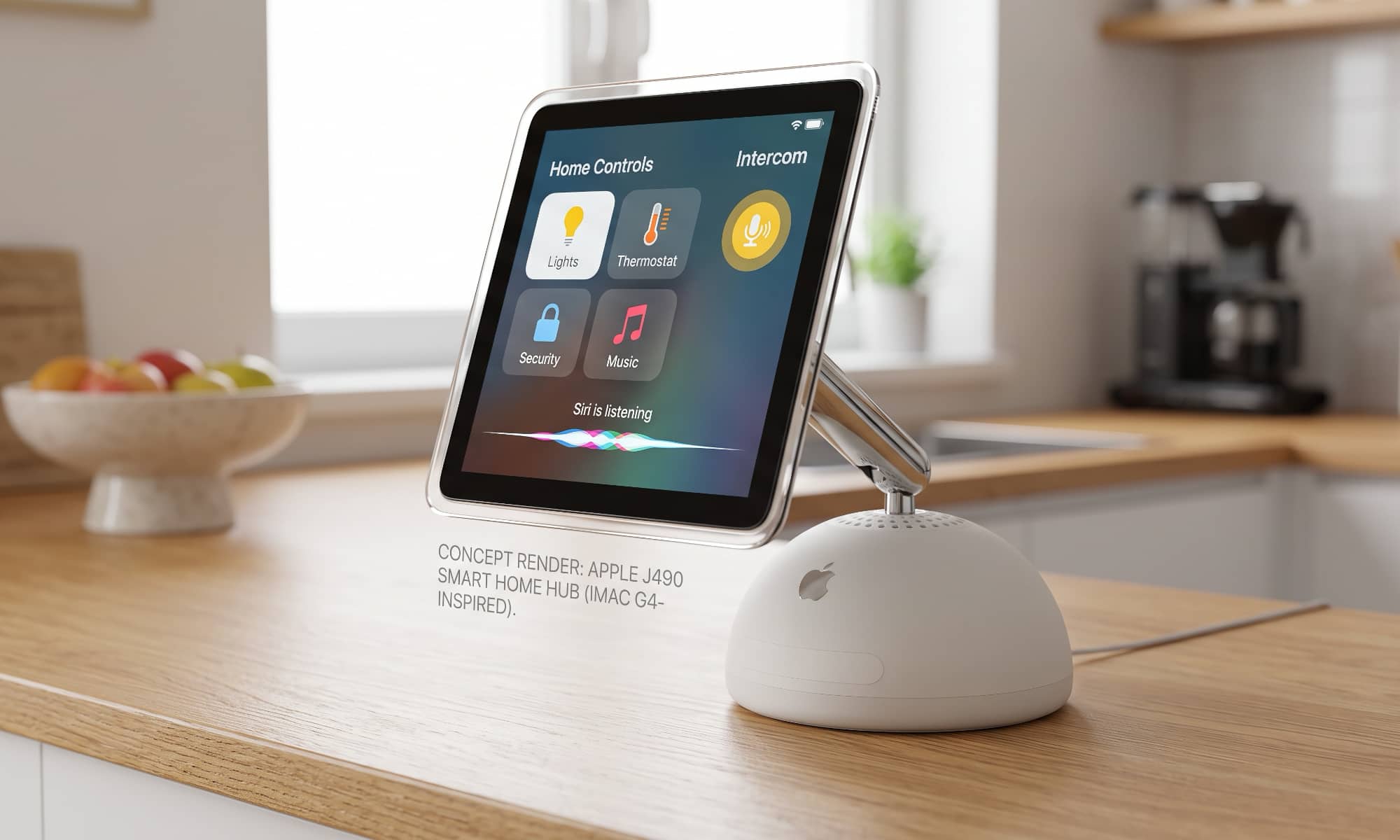 A detailed concept rendering of Apple's rumored J490 smart home hub, featuring a 6-inch square display mounted on an articulated arm that sits on a white, half-dome speaker base, reminiscent of the 2002 iMac G4 design, resting on a clean oak wood countertop.