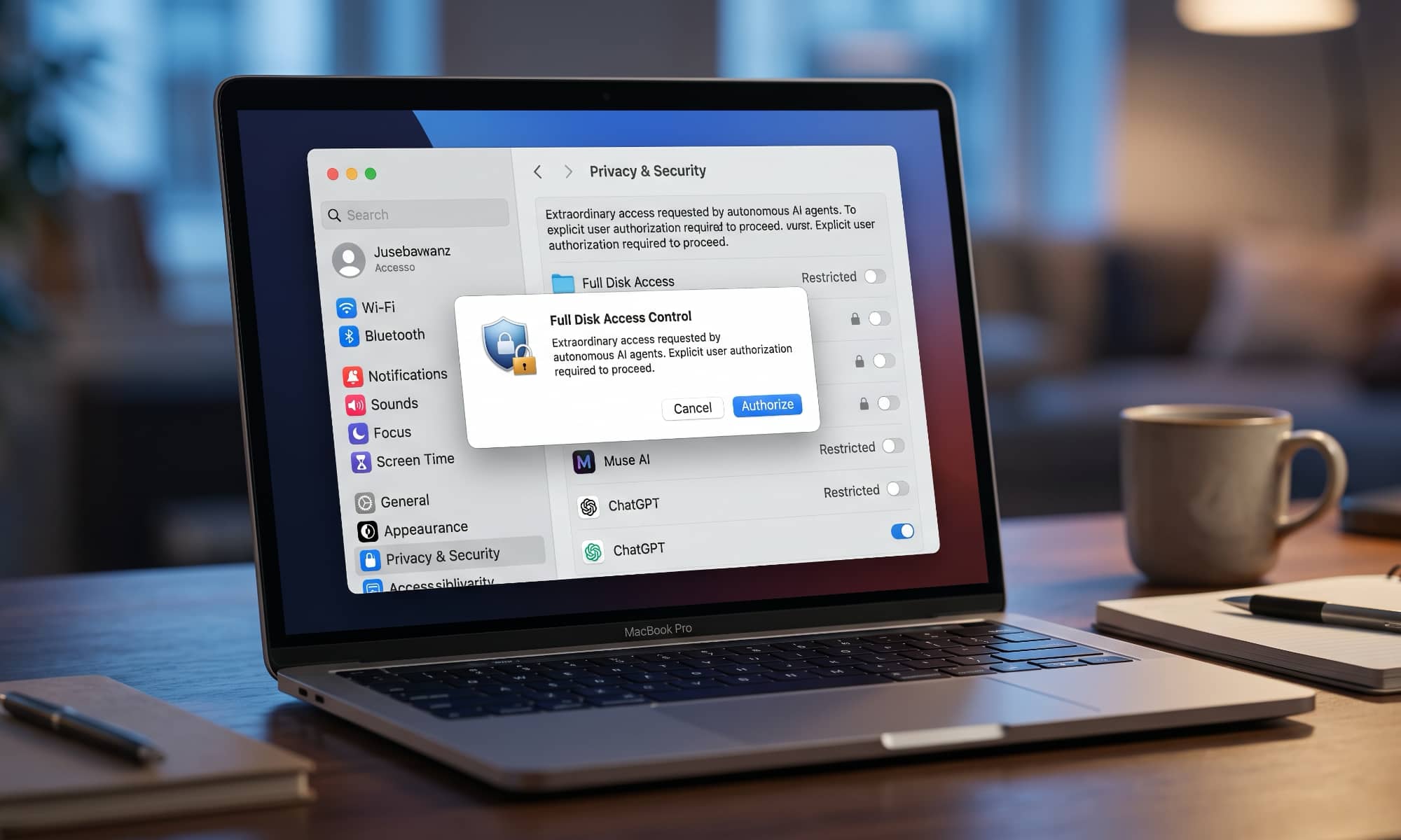 A close-up natural concept photograph of a MacBook Pro on a wooden desk, showing an open macOS Privacy & Security settings window with a warning prompt titled "Full Disk Access Control" alerting the user that "Extraordinary access" requested by autonomous AI agents requires explicit authorization. A notepad, pen, and coffee mug sit on the table in the blurred background.