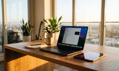 AI-generated concept image of a space black MacBook Pro with a vibrant OLED display and an iPad mini resting on a wooden studio desk in warm Los Angeles sunset light.