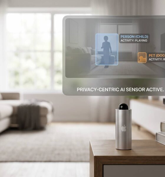 Conceptual rendering of Apple's J450 smart home AI camera, a sleek silver cylinder sitting on a wooden table in a living room. A digital overlay demonstrates how the sensor analyzes room activity — detecting a child playing and a dog resting — without saving or streaming actual video footage.