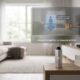 Conceptual rendering of Apple's J450 smart home AI camera, a sleek silver cylinder sitting on a wooden table in a living room. A digital overlay demonstrates how the sensor analyzes room activity — detecting a child playing and a dog resting — without saving or streaming actual video footage.