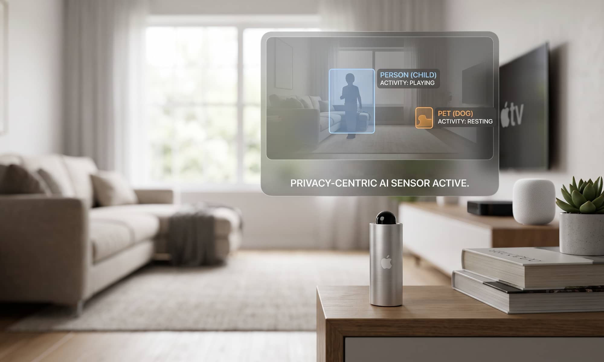 Conceptual rendering of Apple's J450 smart home AI camera, a sleek silver cylinder sitting on a wooden table in a living room. A digital overlay demonstrates how the sensor analyzes room activity — detecting a child playing and a dog resting — without saving or streaming actual video footage.