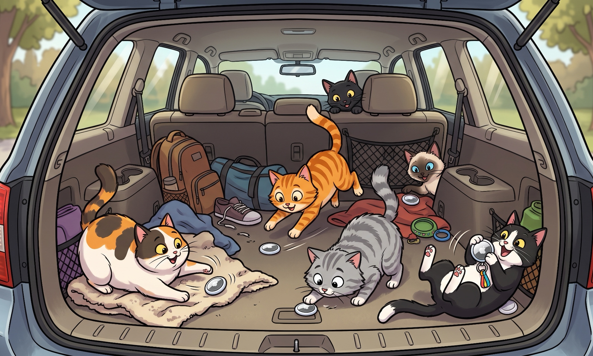 Animated image of cats playing with AirTags in an SUV