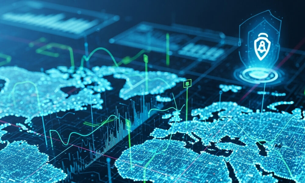 data-intelligence network, digital maps, data streams, cybersecurity vibe, advanced technology, futuristic and realistic style, glowing data lines, digital connectivity, secure data transmission, cyber landscape