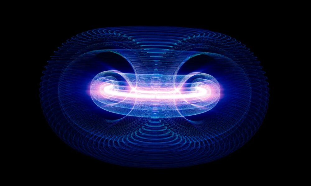 Illustration of plasma particles inside a tokamak fusion reactor.