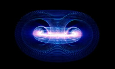 Illustration of plasma particles inside a tokamak fusion reactor.