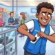 Cartoon image of a person dressed as a Walmart employee pocketing an Apple Watch.