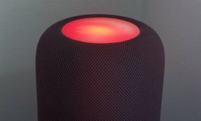 A HomePod (2nd generation) with a red Sound Glow