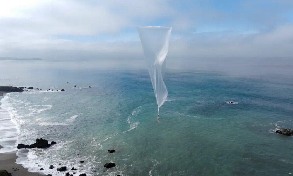 A Windborne Systems weather balloon is seen after launch.