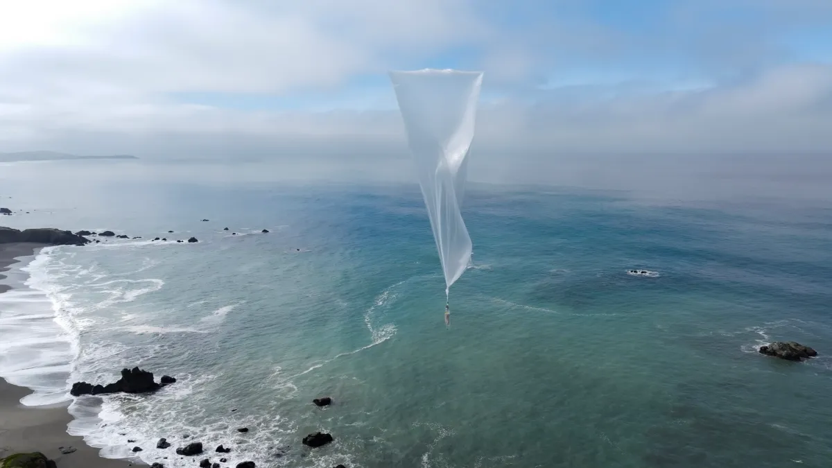A Windborne Systems weather balloon is seen after launch.