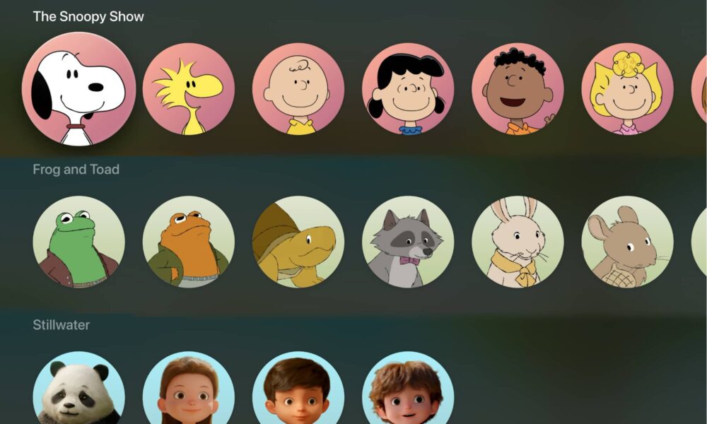 New Apple TV profile pictures for Snoopy and the Peanuts gang, Frog and Toad, and Stillwater in tvOS 27.2.